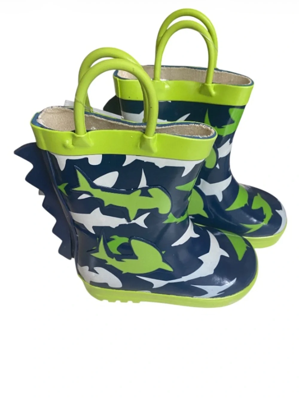 ⭐️Classic Kiks  Shark Rain Boots in Navy & Lime Dino Fin Design NWT